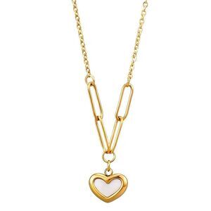 18K Gold Plated Women's Faux Mother of Pearl Heart Pendant Necklace Waterproof